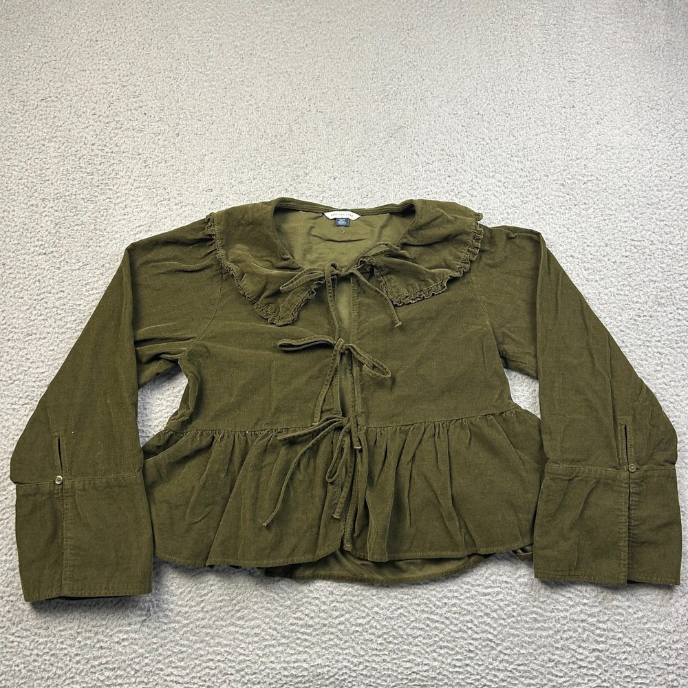 American Eagle Womens Medium Olive Corduroy Peplum Top Tie Front Ruffle Collar